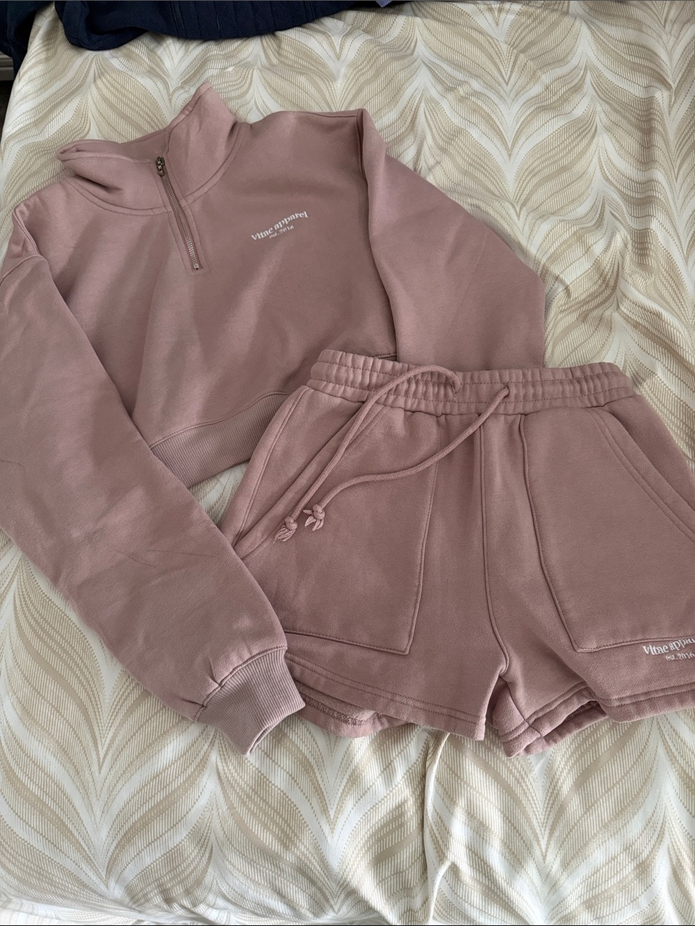 Dusty Mauve Half-Zip Cropped Pullover & Drawstring Shorts Set